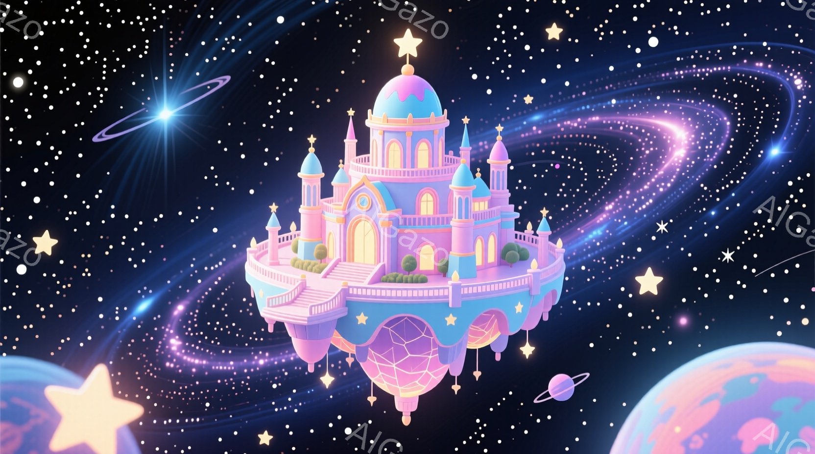 鮮やかなピンクと水色の城が、星空の中に浮かんでいます。城は複数の塔と装飾が施され、雲のようなプラットフォームの上に建てられています。背景には、銀河や惑星が輝き、ファンタジックで夢のような雰囲気を醸し出しています。