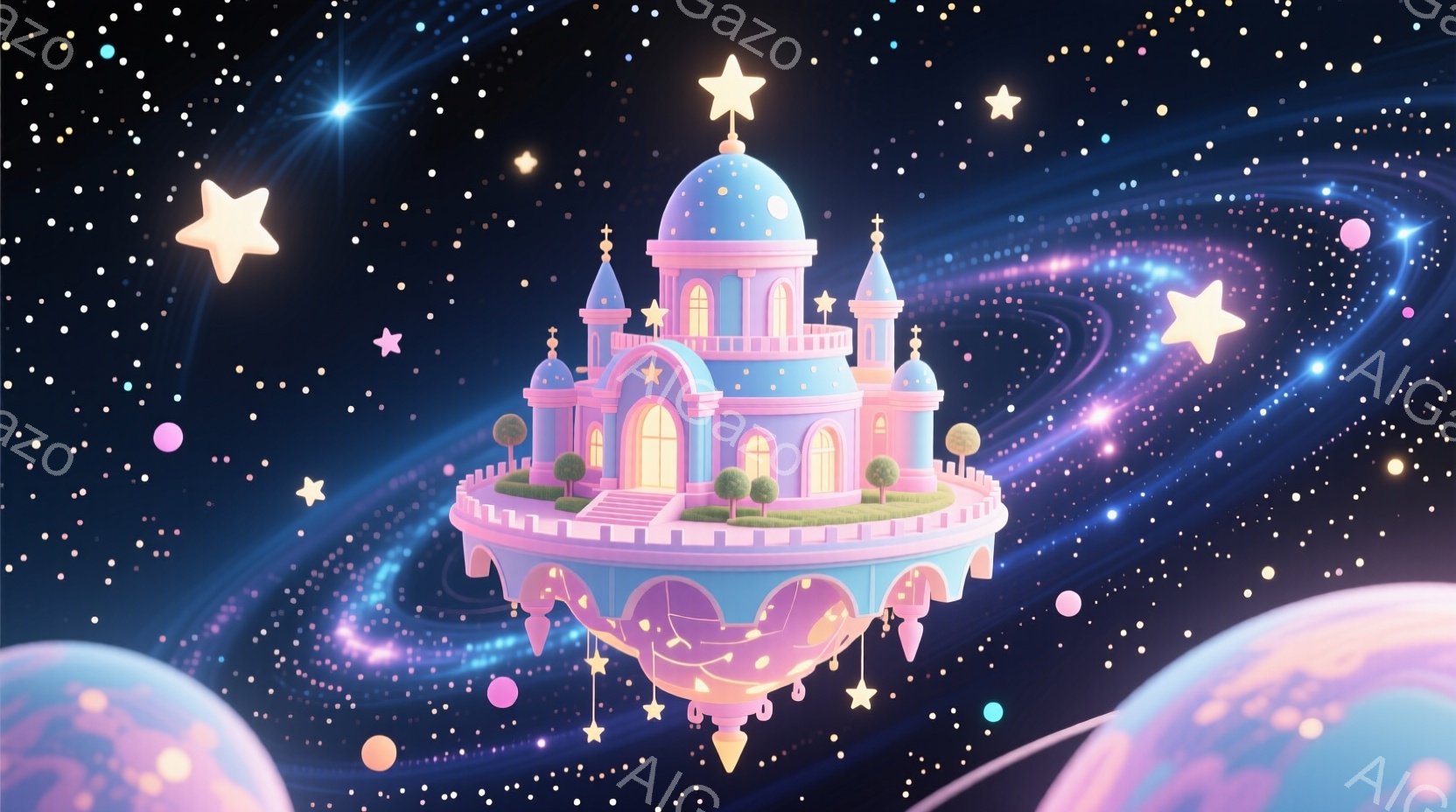 鮮やかなピンクと紫を基調とした、幻想的な浮遊島が描かれています。中央には、塔とドームを持つお城のような建物が建ち、緑の芝生と整った木々が彩りを添えています。背景には、星屑が散りばめられた夜空と、淡いピンクと紫の渦巻きが広がり、夢のような雰囲気を醸し出しています。