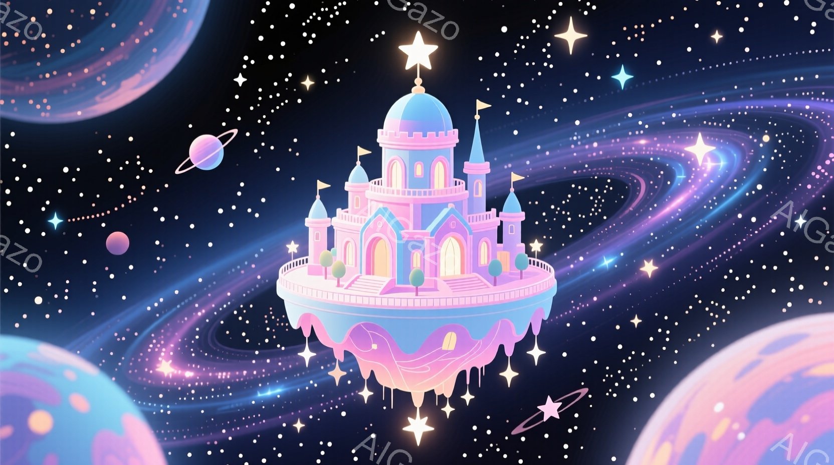 This image features a whimsical fantasy scene set in space. There is a floating palace or castle wit - AI生成フリー素材