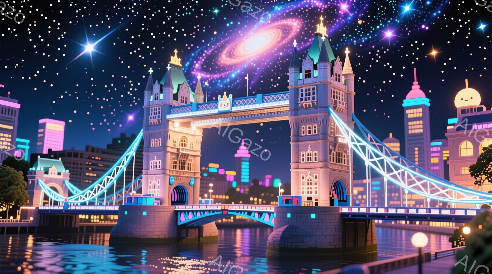 ロンドンのタワーブリッジが、鮮やかなネオンカラーで描かれ、夜空に輝く星々と共に幻想的な雰囲気を醸し出しています。橋の構造は詳細に表現され、水面に反射する光が美しい光景を作り出しています。背景には、カラ - AI生成フリー素材
