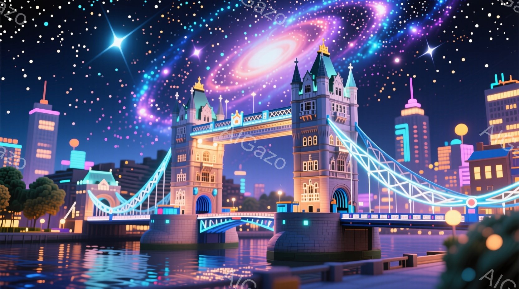 夜空を背景に、明るく鮮やかな色彩で描かれたタワーブリッジが印象的な画像です。建物は幾何学的なデザインで、ネオンライトのような光が輝き、水面にはその光が反射しています。背景には、現代的な建物と緑の植物が配置され、ファンタジックで未来的な雰囲気を醸し出しています。