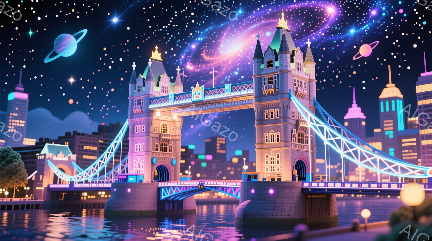 夜のテムズ川に浮かぶ、カラフルで様式化されたタワーブリッジを描いています。橋は鮮やかな青とピンクの光で照らされ、背景にはシルエットになった都市の建物と星空が広がっています。全体的に、夢のような、未来的 - AI生成フリー素材