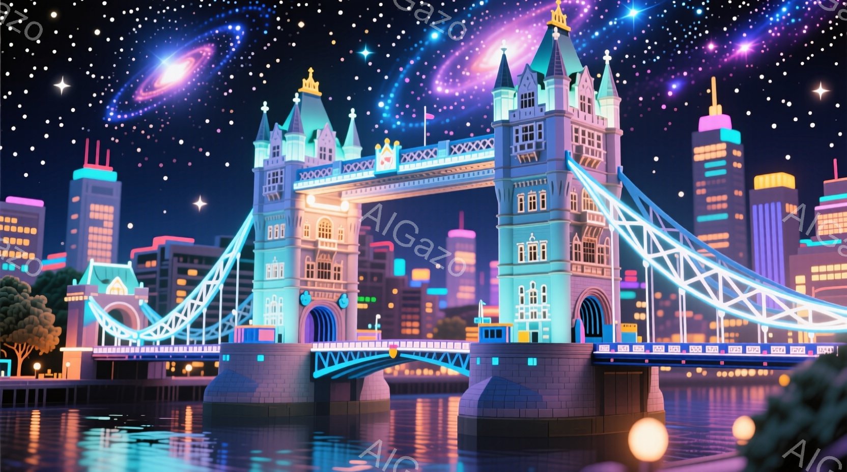 明るいネオンカラーで描かれたロンドンのタワーブリッジが印象的な画像です。背景には、カラフルな建物が並び、水面に光が反射して幻想的な雰囲気を醸し出しています。空には渦巻く星雲が描かれ、全体的にポップで夢幻的な印象を与えます。