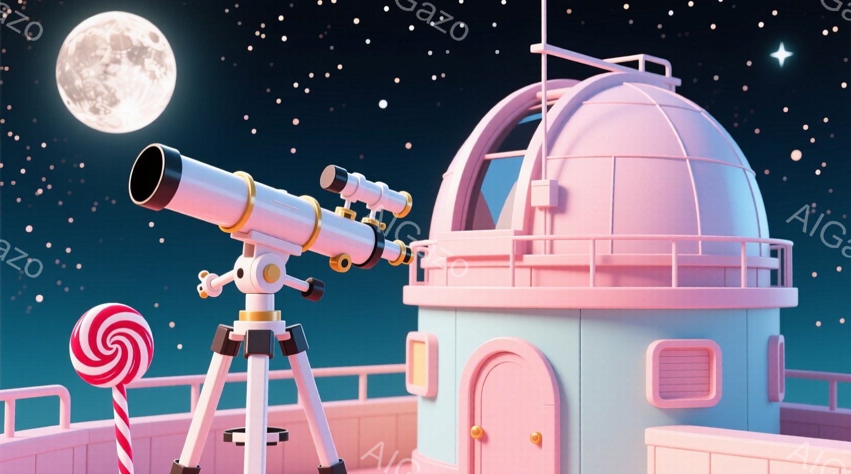 鮮やかなピンクと水色の天文台が、星が散りばめられた夜空の下に建っています。赤い縞模様のキャンディが天文台のそばに置かれ、白い三脚に設置された望遠鏡が月を捉えようとしています。全体的にパステルカラーで統一され、夢幻的で遊び心のある雰囲気が漂っています。