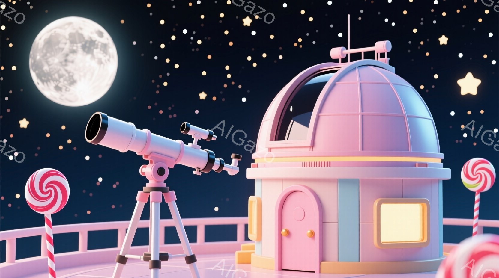 屋上にあるピンク色の天文台と望遠鏡を描いています。背景は暗い夜空で、たくさんの星と満月が輝き、キャンディが数本置かれています。全体的に、夢のような、おとぎ話のような雰囲気です。