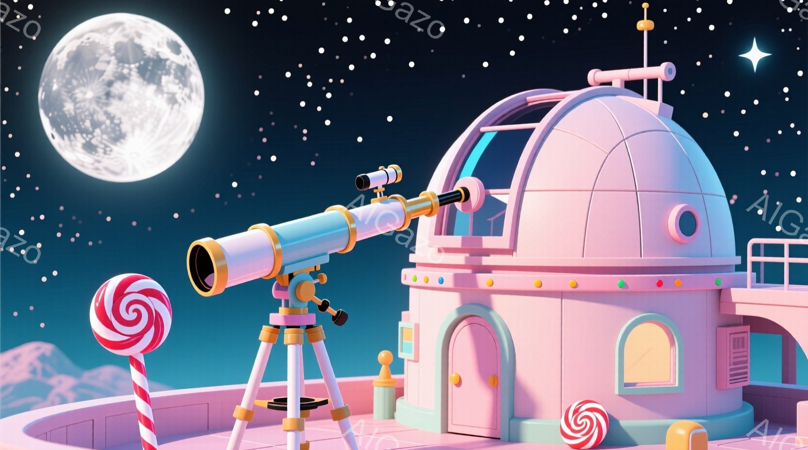 パステルピンクの可愛らしい天文台が、夜空を背景に描かれています。三脚の上に設置された望遠鏡が星空を眺めるように配置され、キャンディが天文台の周りに置かれています。全体的に夢のような、遊び心のある雰囲気が漂っています。