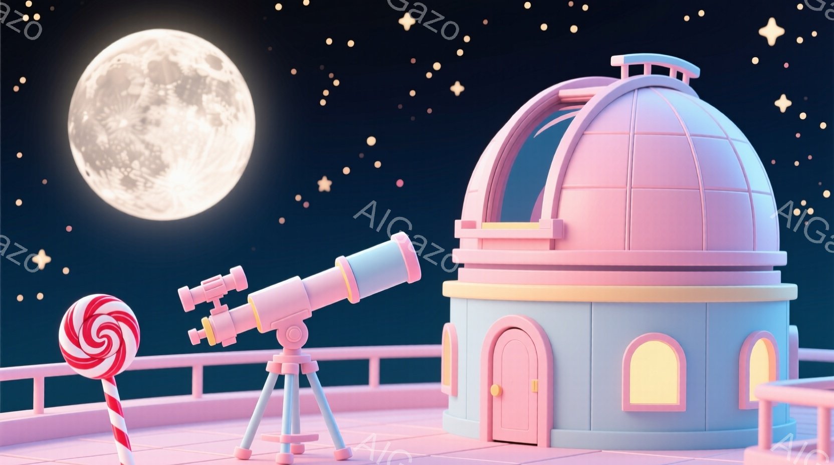 鮮やかなピンク色の天文台が、星が散りばめられた夜空を背景に描かれています。可愛らしいデザインで、キャンディケーンと渦巻きキャンディが添えられており、まるで夢のような世界観を醸し出しています。月は大きく - AI生成フリー素材