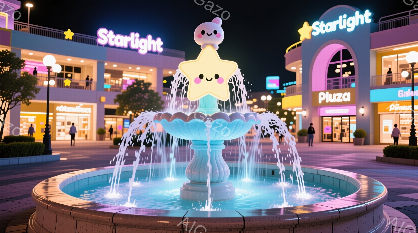 夜のショッピングモール広場に、星の形をした愛らしい噴水が中央にあります。噴水は淡い水色とピンク色で、水が輝きながら流れ落ちています。背景には、カラフルなショップが並び、夜空は薄い紫色に染まり、穏やかで - AI生成フリー素材