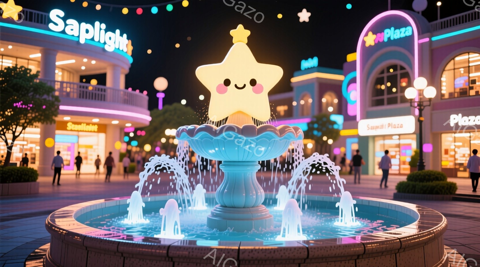 夜のショッピングモールの中心に、星形の可愛らしい噴水が設置されています。背景には明るい照明が灯った店舗が並び、遠くには人影も見えます。全体的に幻想的で、楽しげな雰囲気が漂っています。 - AI生成フリー素材