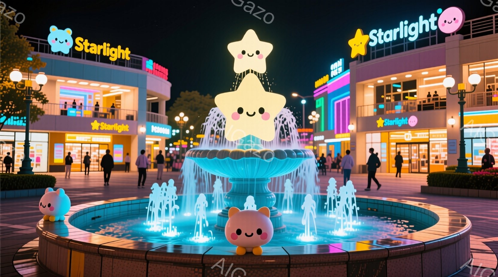 夜の遊園地のような場所で、可愛らしい星のキャラクターをモチーフにした噴水が中央にあります。周りには人々が散歩したり、お店の前を歩いたりしています。建物はカラフルで明るく、夜空の下で楽しい雰囲気を醸し出 - AI生成フリー素材