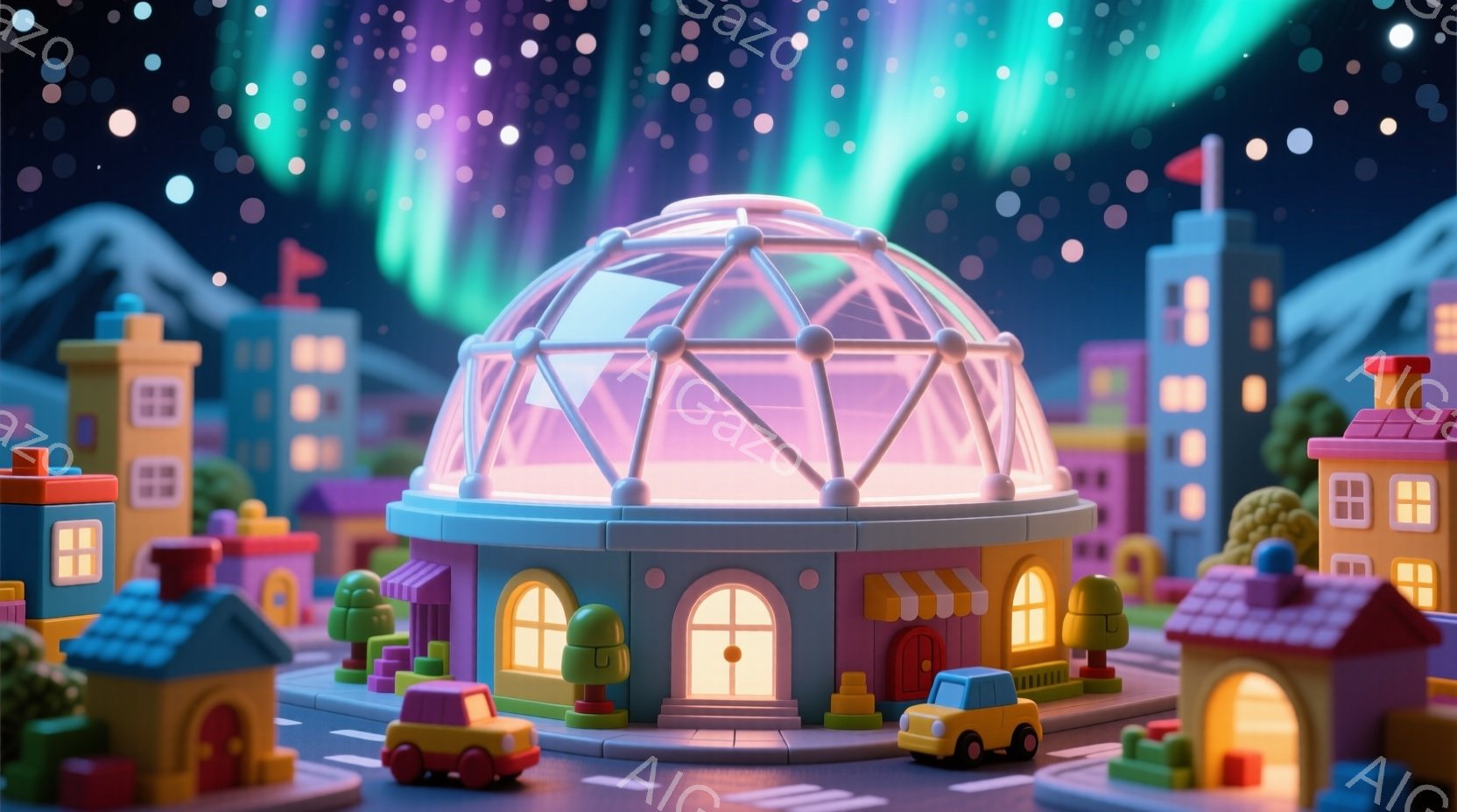 インドールズとスマートフォンを使ったキッチン内の夜景。スマートフォンが照明として機能し、周りには建物や雪が降り注いでいる様子が表現されている。 - AI生成フリー素材