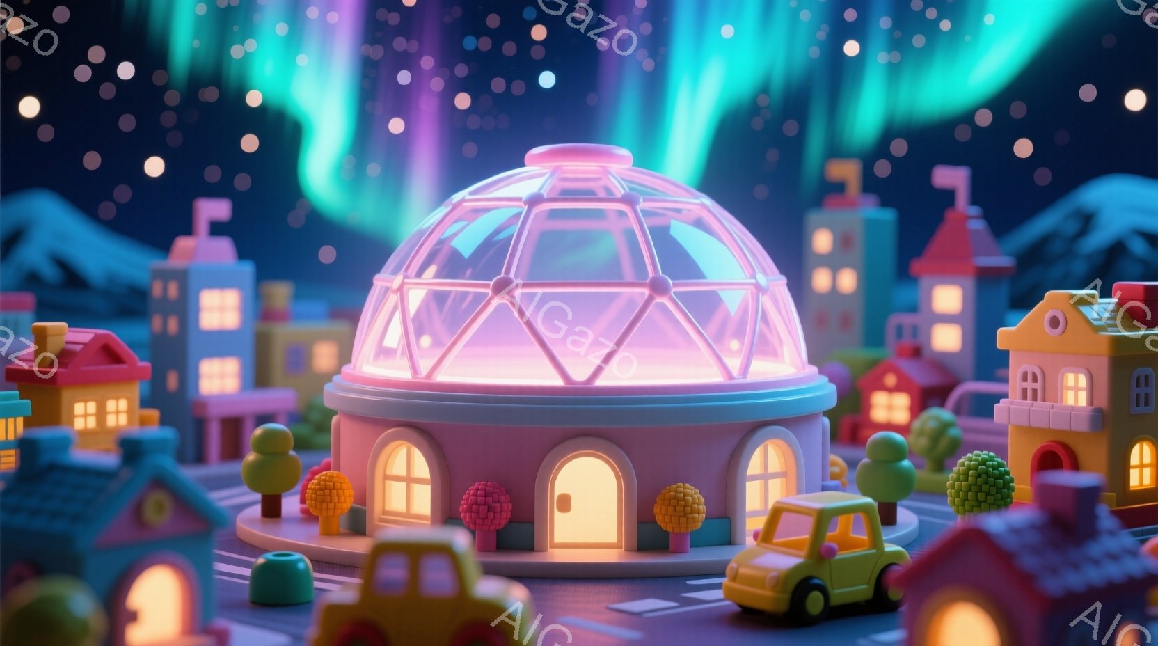 カラフルなミニチュアの街並みが、夜空の下に広がっています。中央にはドーム型の建物があり、その周りを可愛らしい家々や車が囲んでいます。空にはオーロラのような光が輝き、まるで夢のような、温かく幻想的な雰囲 - AI生成フリー素材