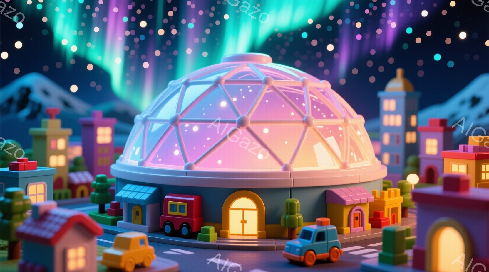 カラフルなブロックで作られた街並みが描かれており、中央には大きなドーム型の建物が光を放っています。背景には、紫や緑色のオーロラが夜空に広がり、ブロックで作られた家々や車が整然と並び、どこか懐かしい雰囲 - AI生成フリー素材