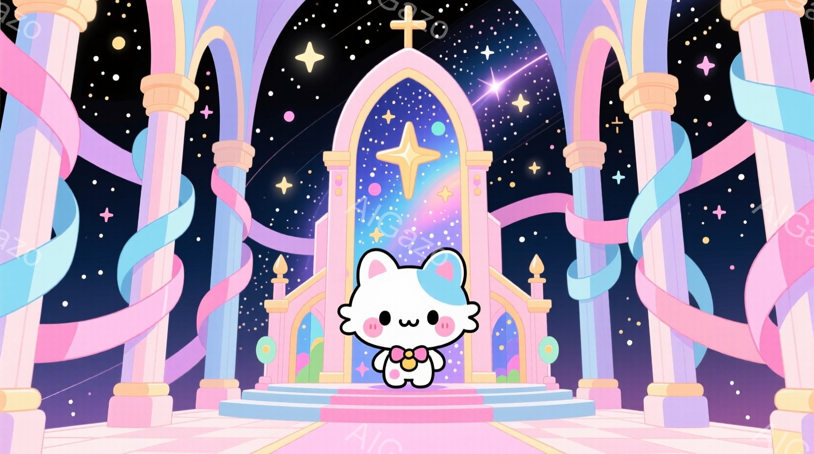 白くてふわふわした猫のようなキャラクターが、ピンクと紫のアーチ状の建造物の中央に立っています。キャラクターは赤いリボンで装飾されたフリル付きのドレスを着ており、頬は赤く、幸せそうな表情をしています。背 - AI生成フリー素材