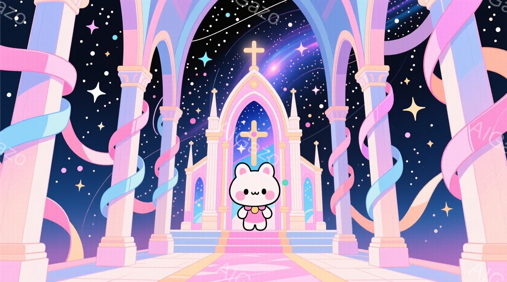 ピンクと水色のアーチ状の建造物の中に、白いウサギのキャラクターが立っています。ウサギは丸いフォルムで、つぶらな瞳と小さな口を持ち、白いワンピースを着ています。背景は暗く、星が散りばめられており、幻想的 - AI生成フリー素材