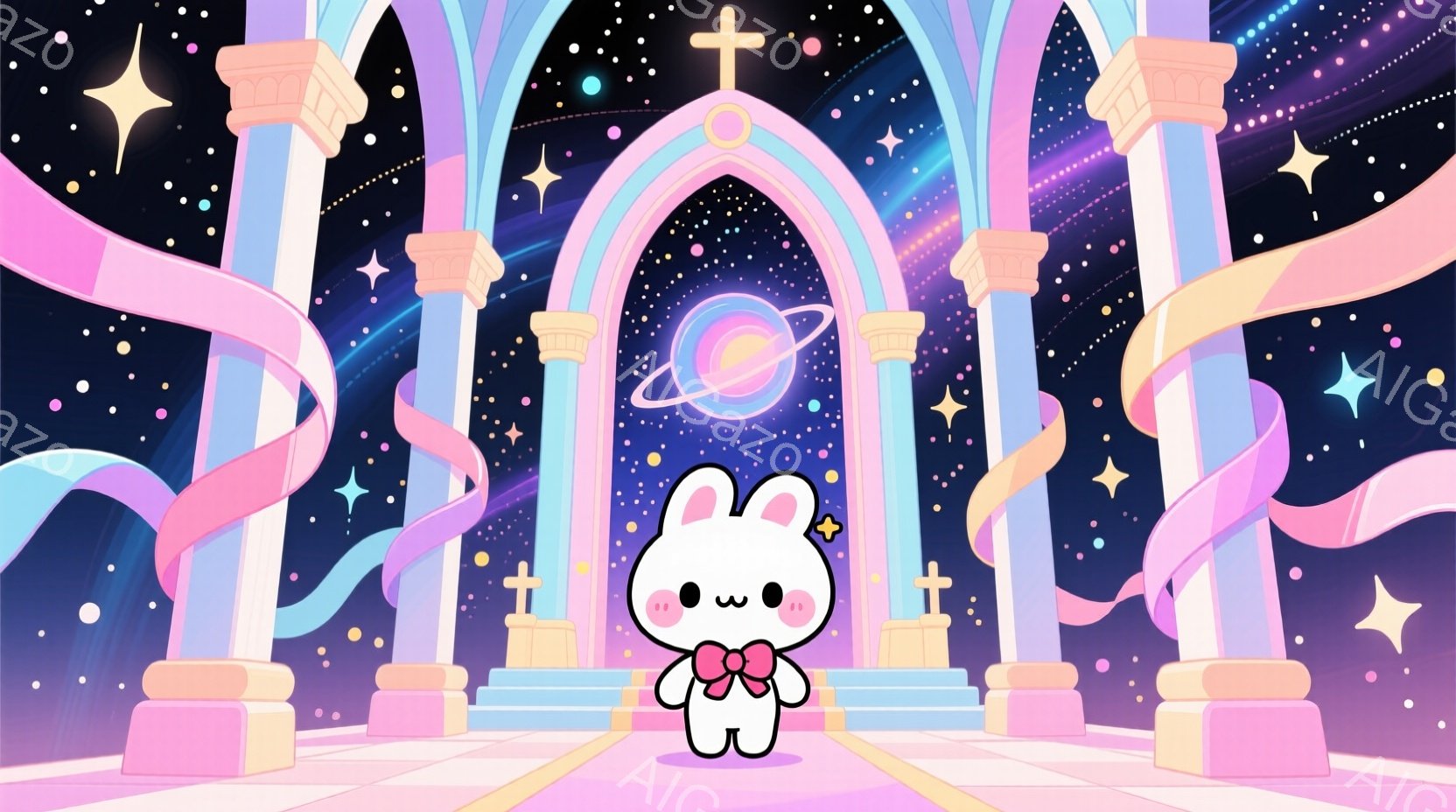 白いウサギのキャラクターが、ピンク色のリボンと金色のペンダントをつけて立っています。背景には、星空とアーチ状の建造物があり、紫とピンクのリボンが飾られています。全体的に、夢のような、ファンタジックな雰囲気を醸し出しています。