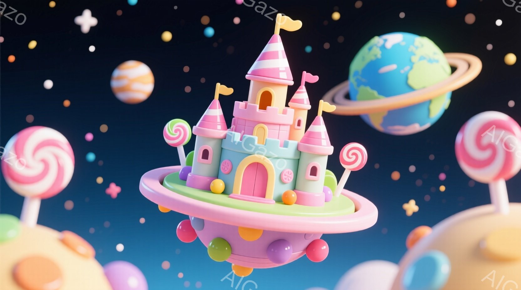 鮮やかなピンクと水色の可愛らしいお城が、ピンク色の円盤の上に浮かんでいます。背景には、キャンディや惑星が散りばめられ、まるで夢のようなファンタジー空間が広がっています。全体的にパステルカラーで統一され - AI生成フリー素材