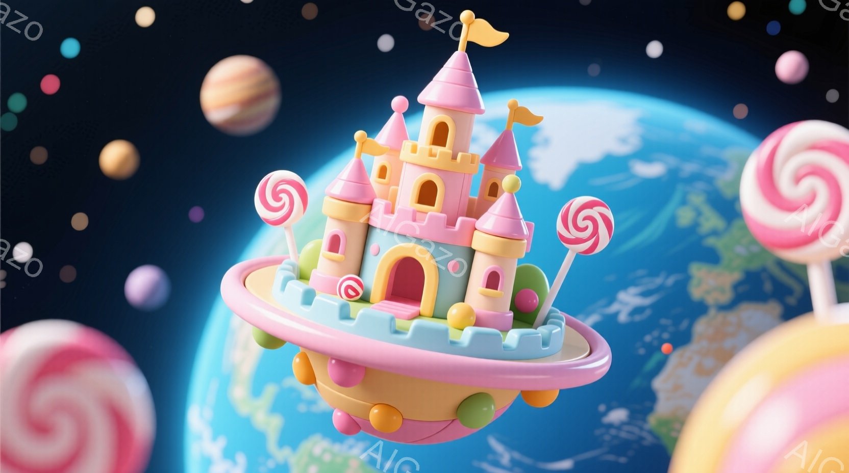 鮮やかなピンクと水色のキャンディのようなお城が、地球を背景に浮かんでいます。お城の周りには、様々な色の大きなキャンディが散りばめられ、まるで夢のような幻想的な空間が広がっています。全体的にパステルカラ - AI生成フリー素材