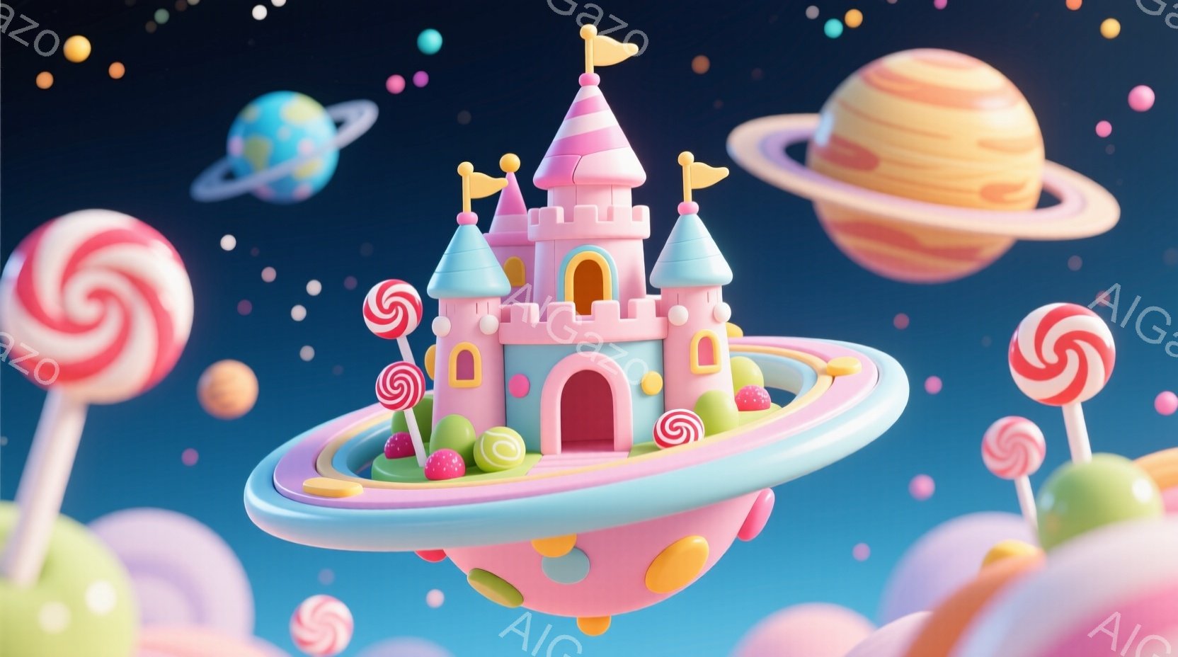 鮮やかなピンク色のファンタジーな島が、空中に浮かんでいます。島にはお菓子で作られたような可愛らしいお城があり、キャンディやカラフルな丸いオブジェクトが点在しています。背景には惑星や星が散りばめられ、夢 - AI生成フリー素材