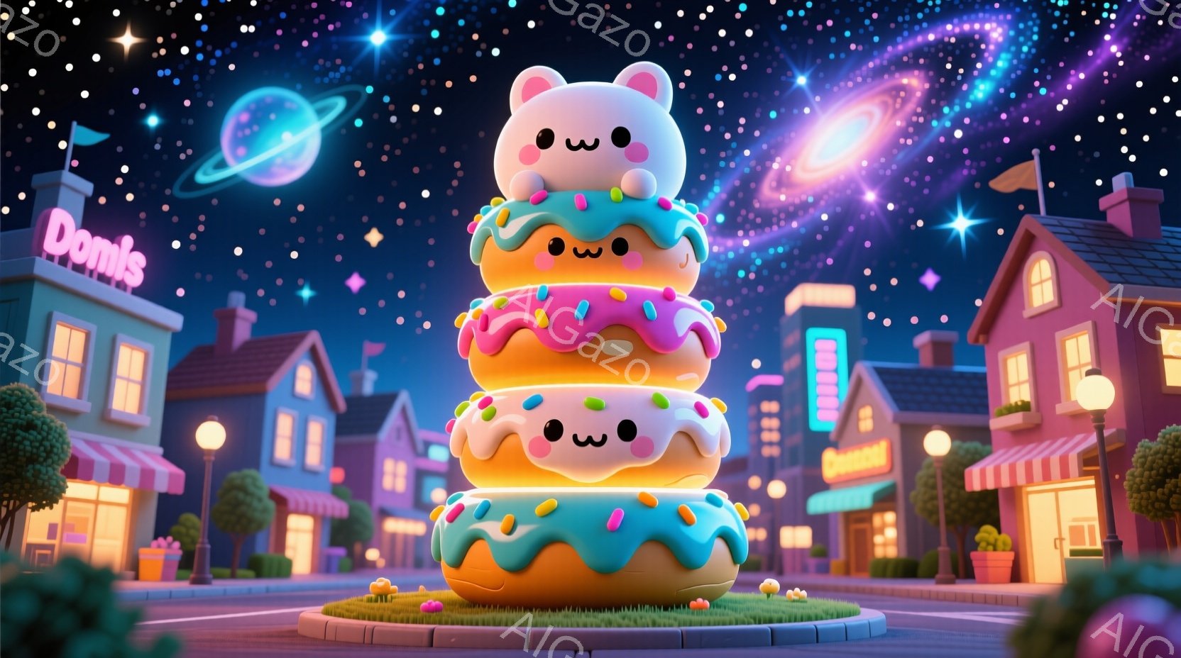 鮮やかな色彩のドーナツが積み重なって塔のようになっている。背景には可愛らしい建物が並び、緑の草地と街灯が夜の街を彩っている。全体的に夢幻的で、遊び心に満ちた雰囲気が漂っている。 - AI生成フリー素材