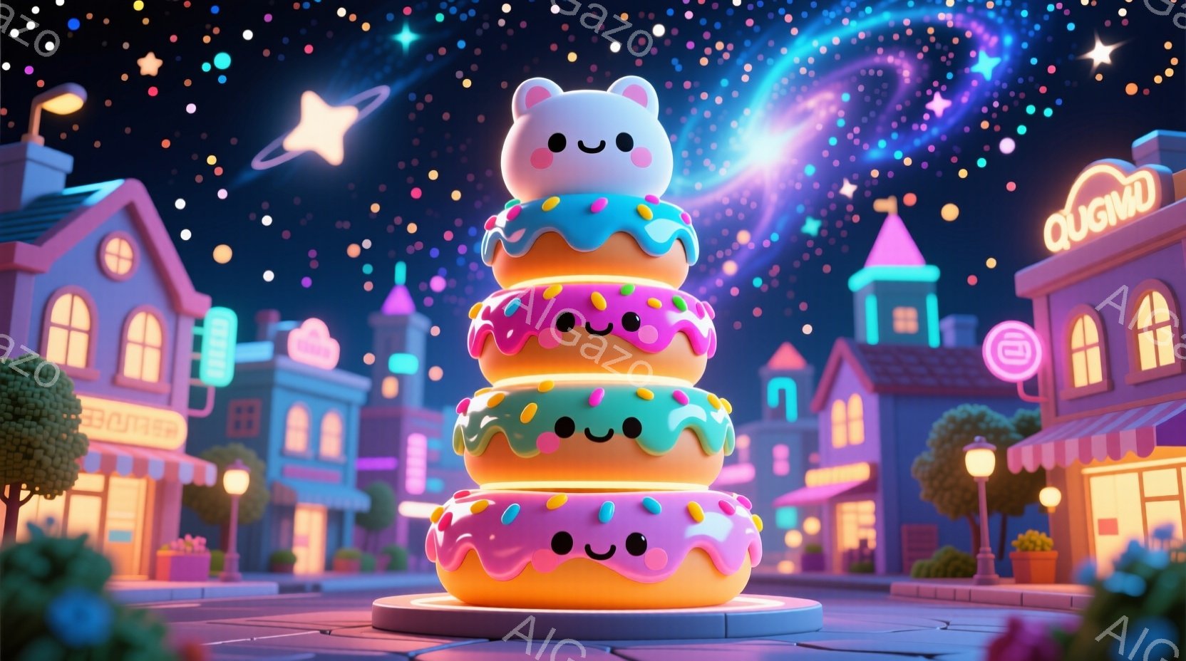鮮やかな街並みを背景に、ドーナツが積み重なった可愛らしいキャラクターが立っている。ドーナツはピンク、緑、オレンジ、紫とカラフルで、それぞれに笑顔の表情が描かれている。背景にはレトロな雰囲気の建物や街路 - AI生成フリー素材