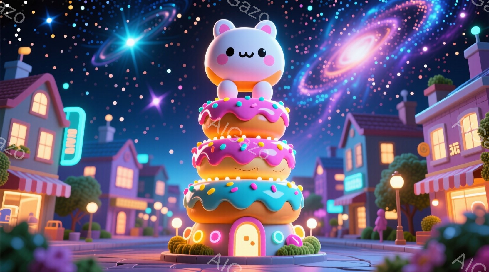 鮮やかなピンクと青のカラフルなドーナツが、街の中心にそびえ立っています。ドーナツの上部には可愛らしい顔が描かれ、周りにはカラフルなスプリンクルやクリームが飾られています。背景にはパステルカラーの建物が - AI生成フリー素材