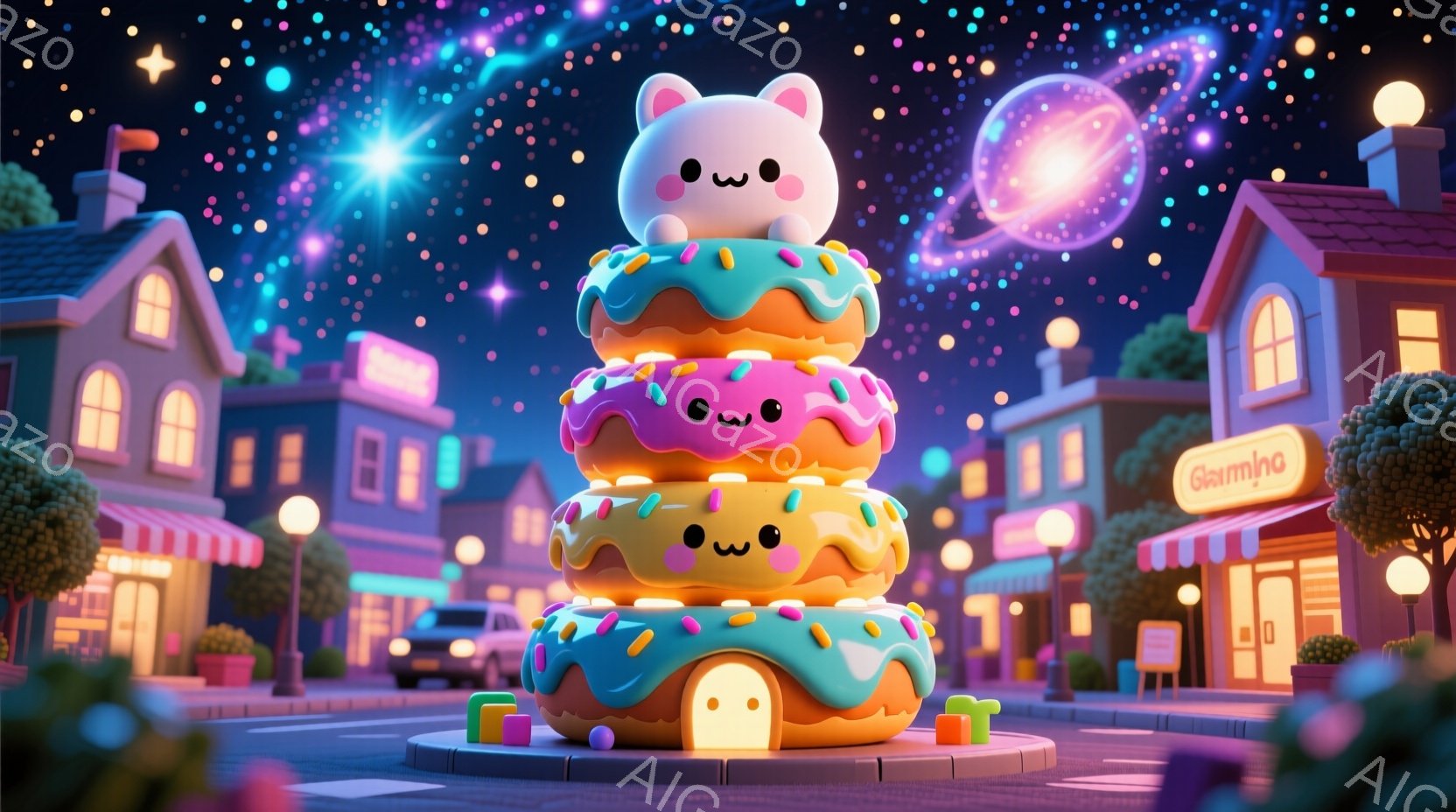 カラフルなドーナツが積み重なり、かわいらしい顔がついています。背景には、パステルカラーの建物が並び、夜空には星が輝いています。全体的に夢のような、遊び心あふれる雰囲気です。