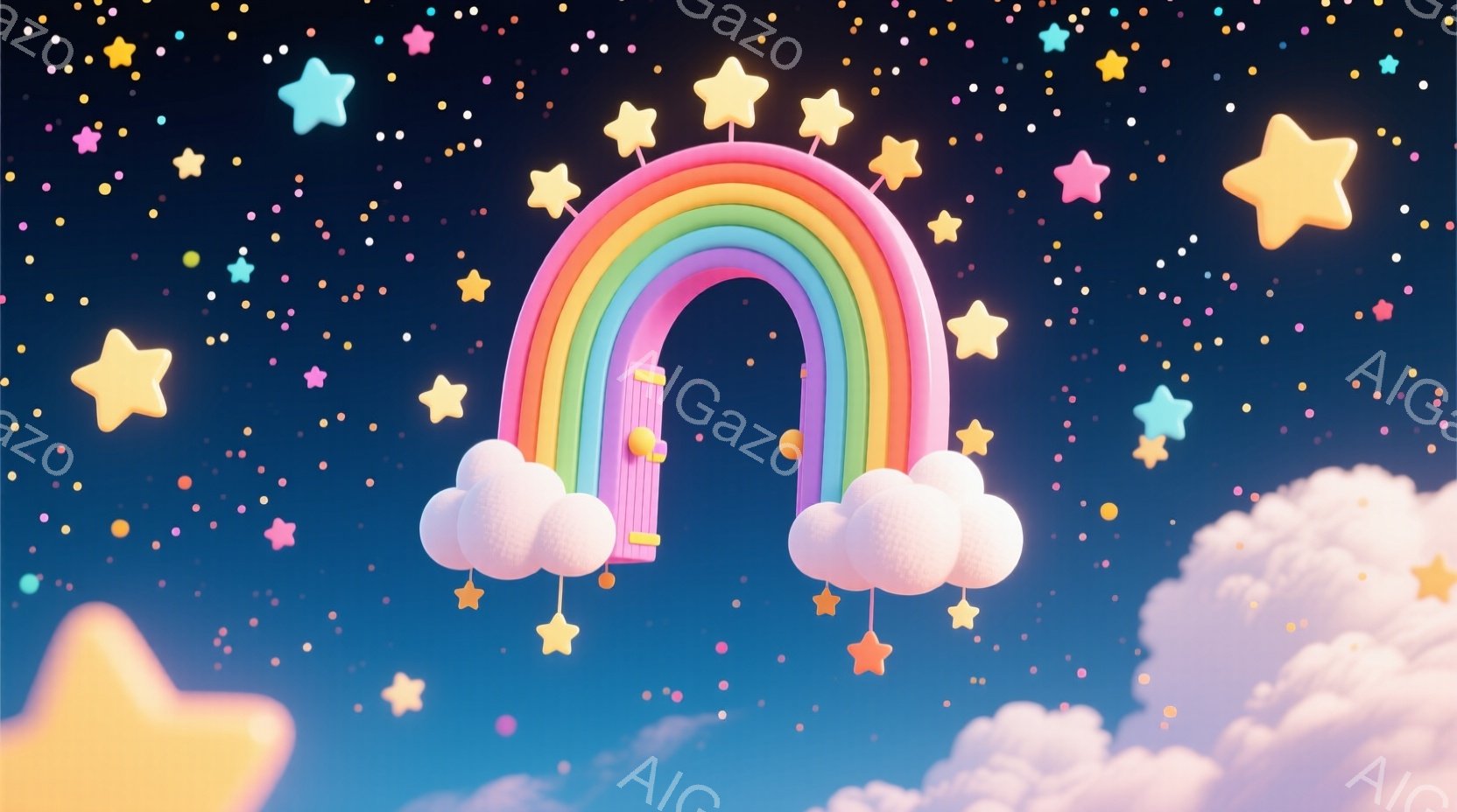 鮮やかな虹が空に架かり、雲のようなフリルが両端に付いています。背景は夜空のような深い青色で、大小さまざまな星が散りばめられ、夢幻的な雰囲気を醸し出しています。全体的にパステルカラーで統一されており、可 - AI生成フリー素材