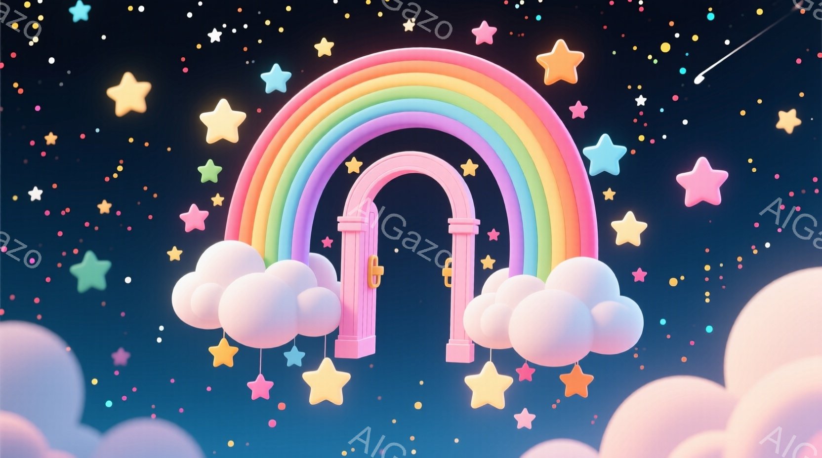 鮮やかな虹色のアーチが、ふわふわとした雲の上に浮かんでいます。アーチはピンク色を基調とし、金色の鍵穴が印象的で、周りには様々な色の星が散りばめられています。夜空のような背景と星たちの輝きが、夢幻的でフ - AI生成フリー素材