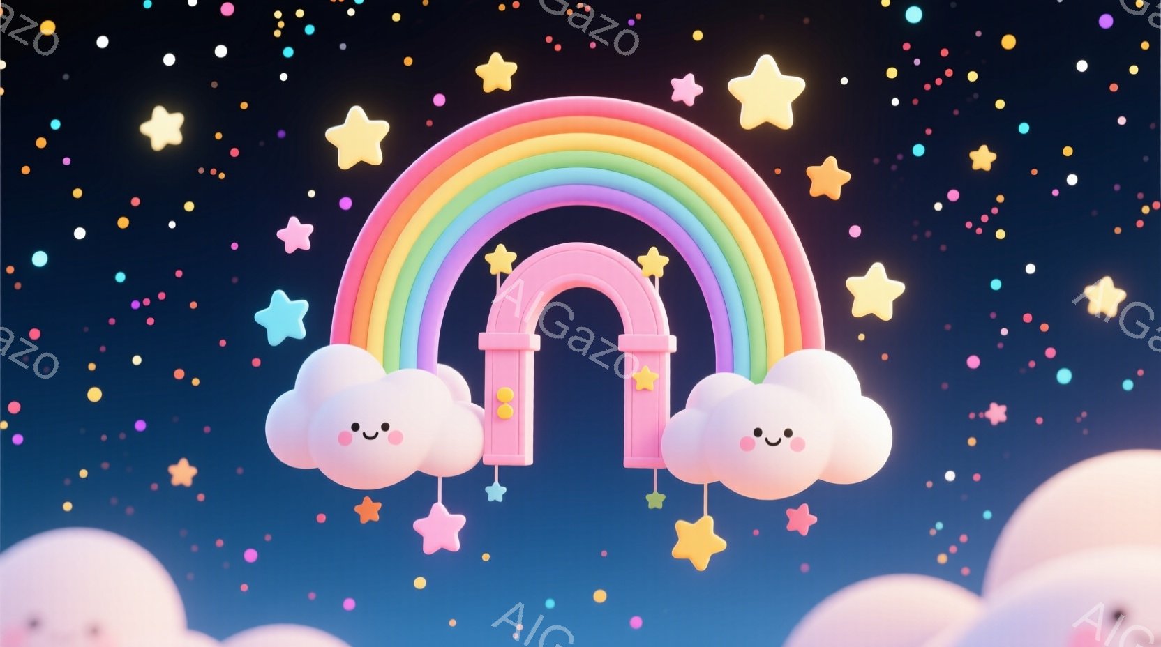 明るい虹が空に架かり、その両側に可愛らしい笑顔の雲が浮かんでいます。背景は濃い青色で、星や様々な色の小さなドットが散りばめられ、幻想的な雰囲気を醸し出しています。全体的にパステルカラーで柔らかく、温か - AI生成フリー素材