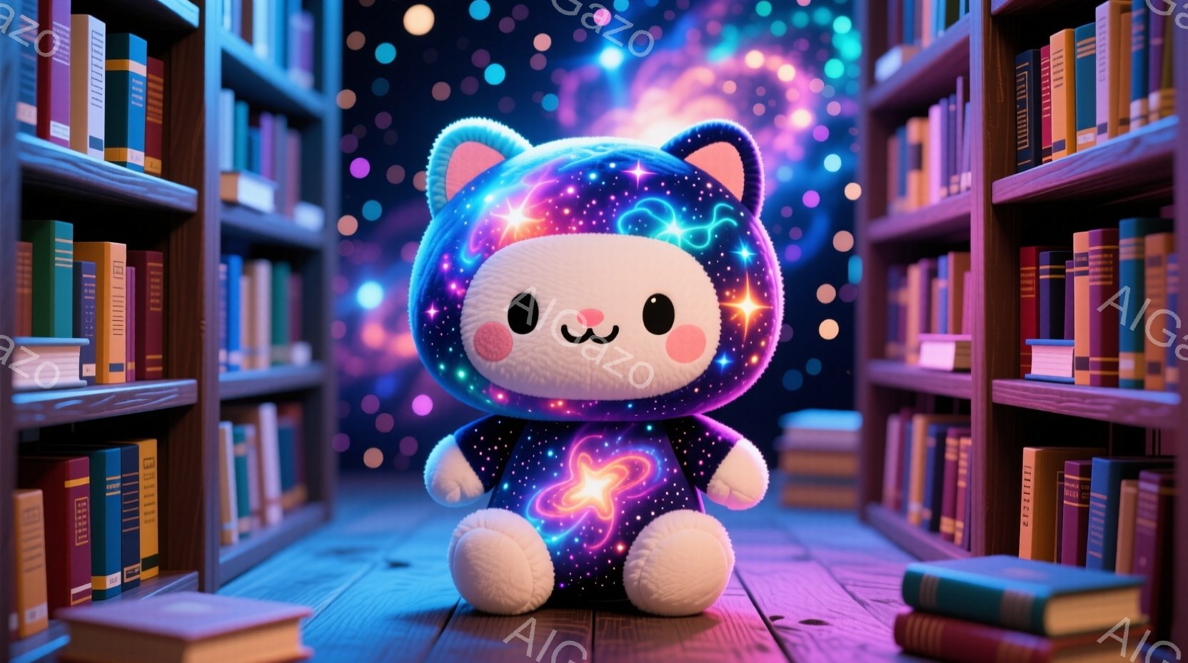 ふわふわした、宇宙をテーマにした猫のぬいぐるみです。虹色の毛並みに星が散りばめられ、胸元には明るい星の模様があります。背景には、古書が並んだ書架が多数あり、全体的にファンタジーで夢のような雰囲気が漂っ - AI生成フリー素材