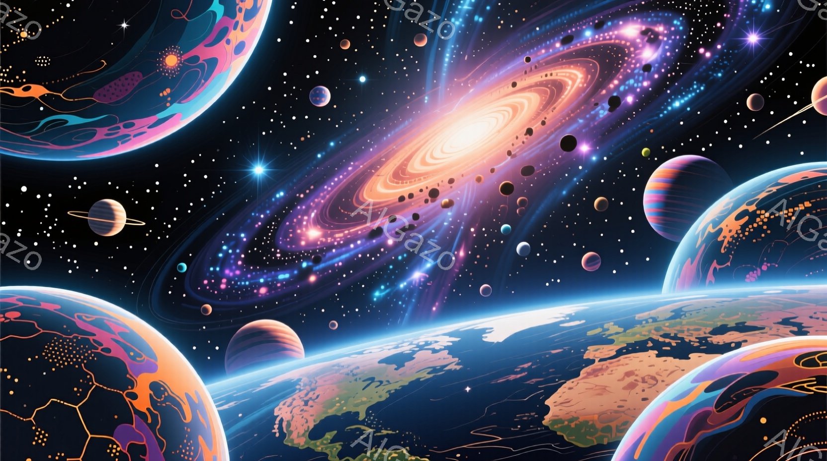 広大な宇宙空間には、地球のような惑星が複数浮かび、それぞれ特徴的な模様と色合いを帯びています。背景には、壮大な銀河が渦巻状に広がり、無数の星々が輝き、幻想的な雰囲気を醸し出しています。惑星の表面には大 - AI生成フリー素材