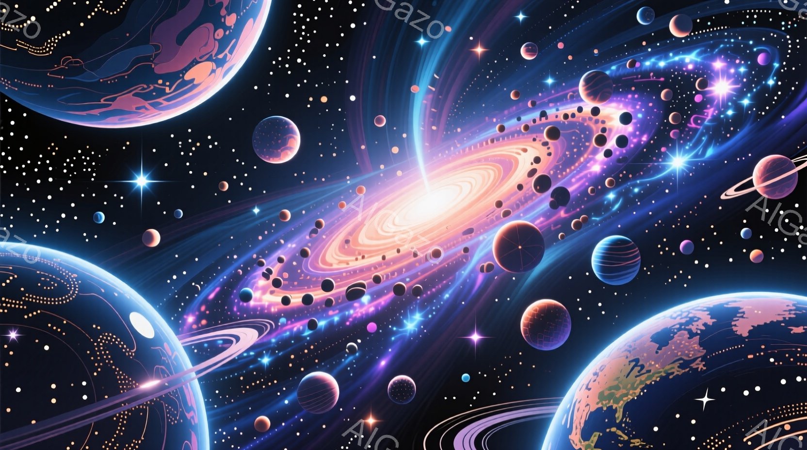 鮮やかなピンクと紫色の銀河が、輝く星々と共に広がる宇宙空間を描いている。複数の惑星が、それぞれリングを伴いながら、様々な大きさで配置されている。全体的に幻想的で神秘的な雰囲気を醸し出し、壮大な宇宙の美 - AI生成フリー素材