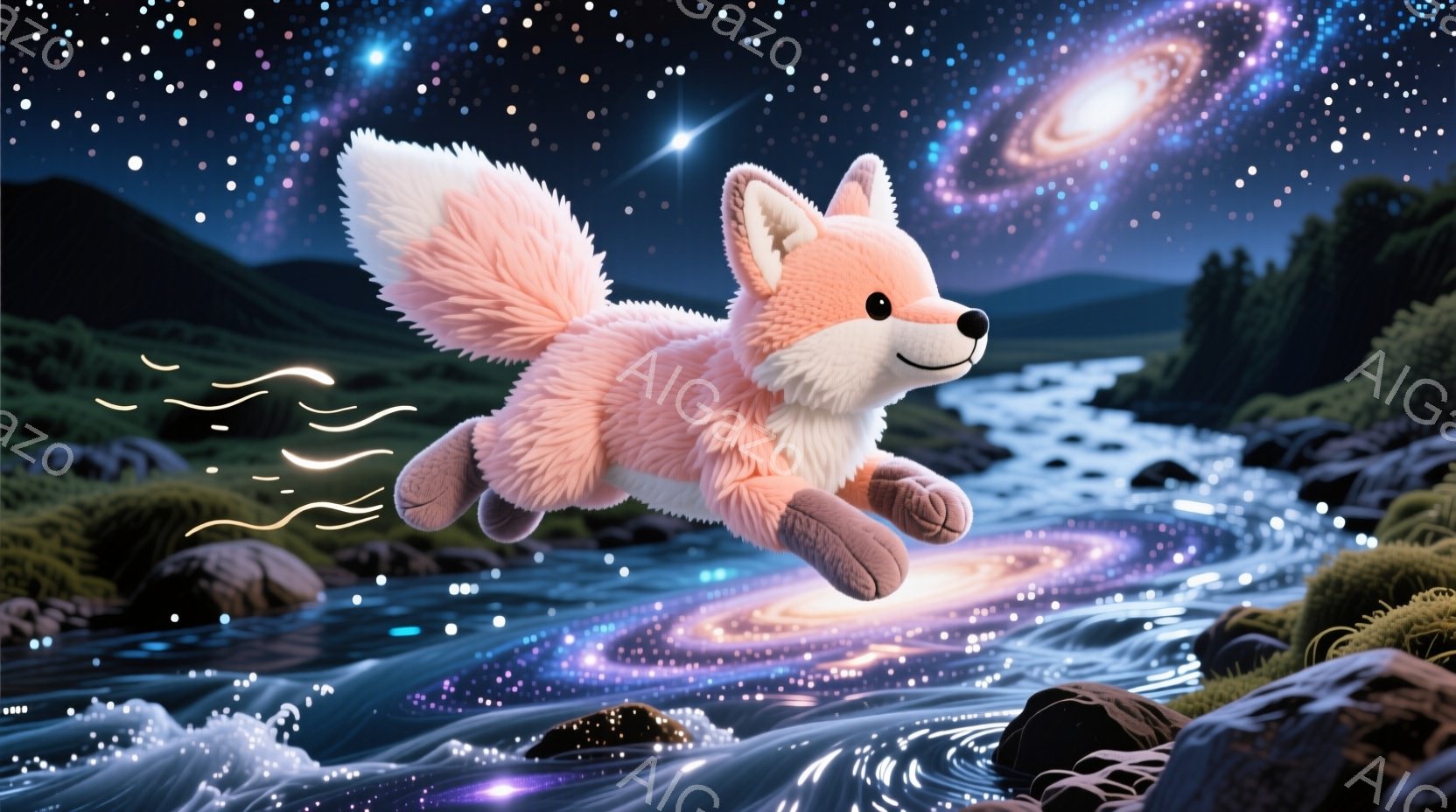 明るいピンク色の毛並みを持つ狐が、岩場と水流の上に浮かび、まるで空を飛んでいるかのように見える。背景には、緑豊かな丘陵地帯と、星雲が渦巻く夜空が広がり、水面には幻想的な光の筋が流れている。全体的に、夢幻的で穏やかな雰囲気が漂い、自然と神秘が融合した美しい光景である。