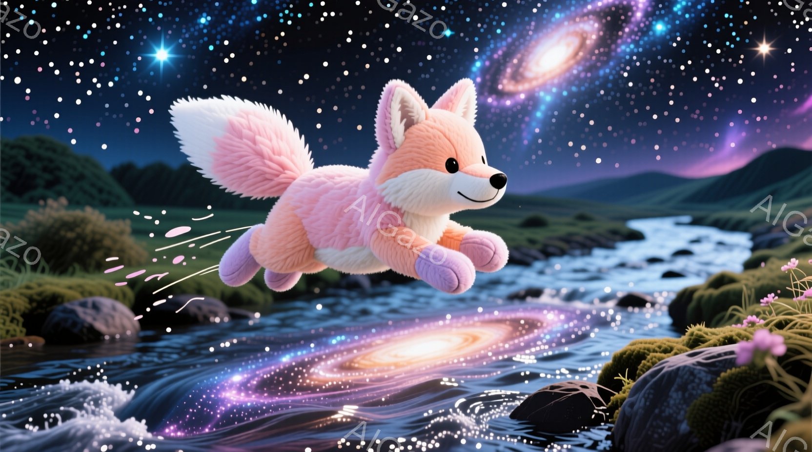 ピンク色のふわふわした狐が、ねじれた銀河のような水面を飛び越えています。背景には緑豊かな丘陵地帯と岩があり、夜空には星が輝いています。全体的に夢幻的で、幻想的な雰囲気を醸し出しています。 - AI生成フリー素材