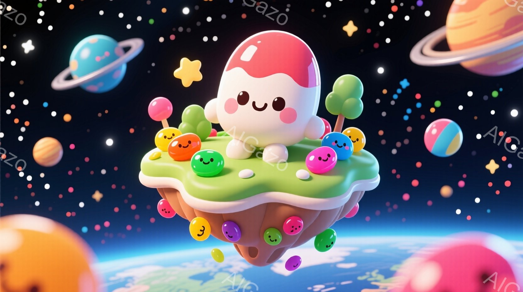 鮮やかな色彩で彩られたファンタジックな空間に、可愛らしい島が浮かんでいます。その島には、カラフルなグミのようなキャラクターたちが点在し、緑色の草と小さな木が生い茂っています。背景には、様々な惑星と星々が輝き、夢のような雰囲気を醸し出しています。