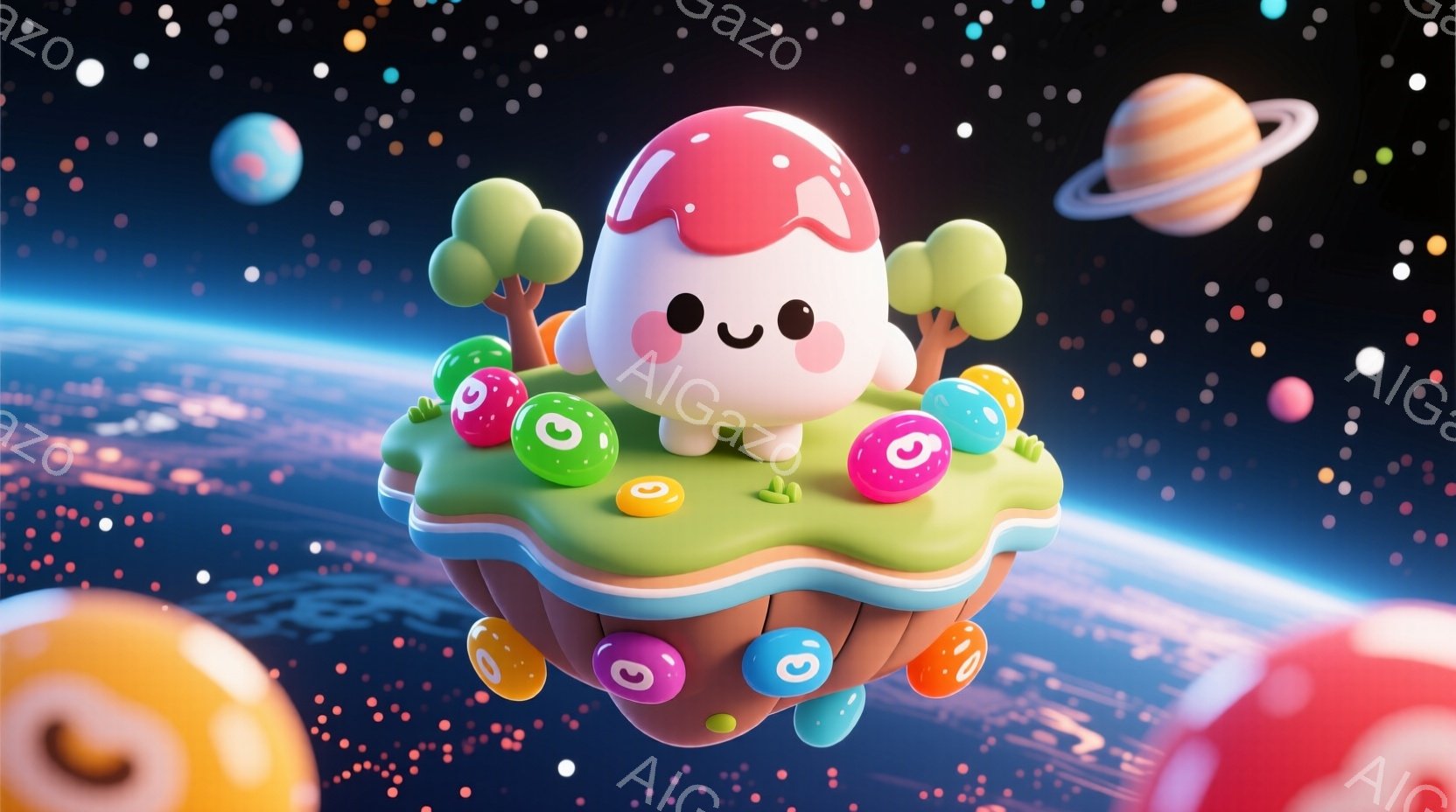 カラフルなキャンディが散りばめられた浮遊島の上に立つ、かわいらしいキノコのキャラクターを描いています。キャラクターは白く、頭にピンク色の帽子をかぶり、笑顔で可愛らしい表情をしています。背景には青い地球と、さまざまな色をした惑星が浮かび、星空が広がり、夢のような雰囲気を醸し出しています。
