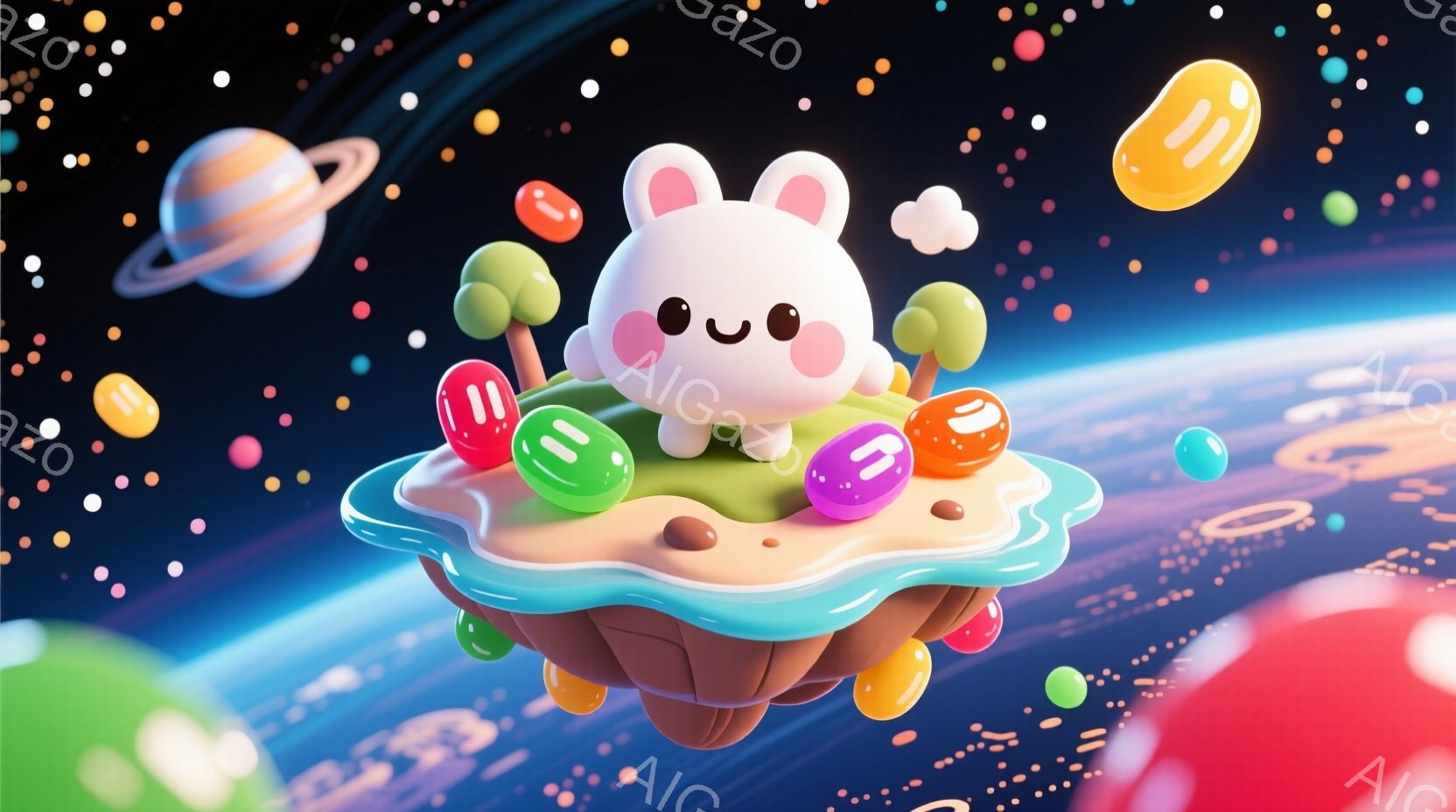浮遊する島の上にいる愛らしいウサギを描いています。ウサギはピンク色の頬を持ち、幸せそうな笑顔を浮かべており、緑色の木々やカラフルなキャンディーが点在する島の上に立っています。背景には、惑星や星が散りばめられた幻想的な宇宙が広がっており、明るく遊び心のある雰囲気を醸し出しています。