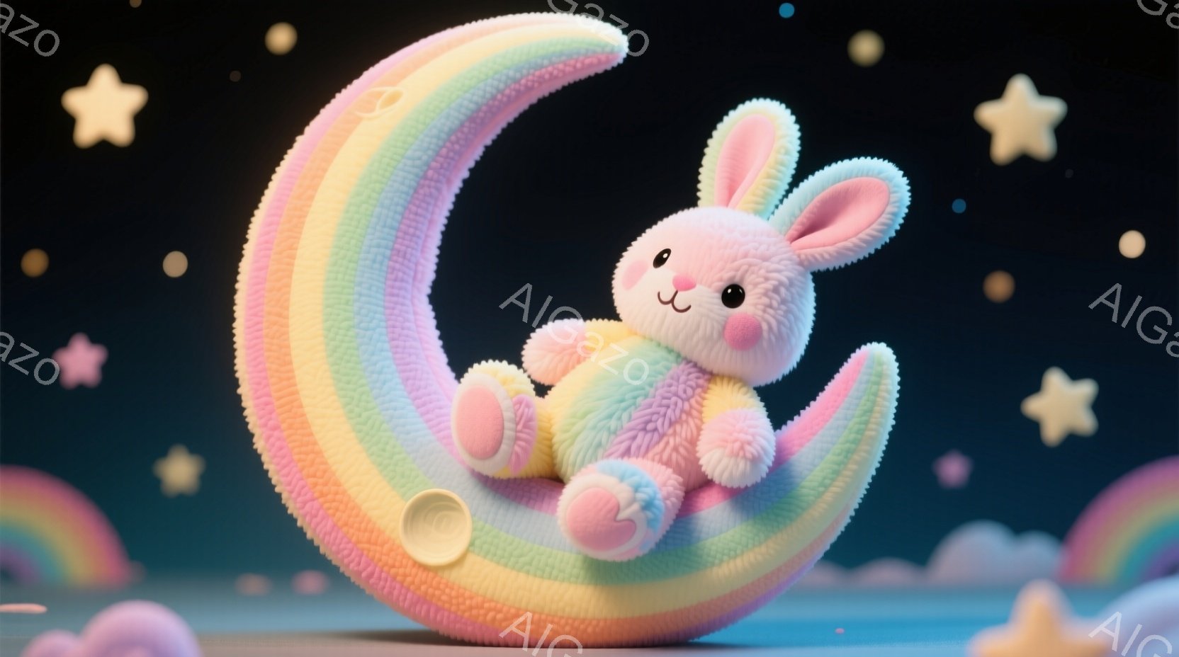 ふわふわのピンク色のウサギが、虹色の月の上に座っています。ウサギは丸いピンク色の足と、少し微笑んでいる表情をしています。背景は夜空のような暗い青色で、小さな雲と星が散りばめられており、夢のような幻想的 - AI生成フリー素材