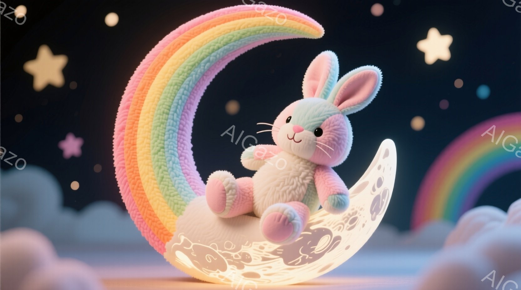 ふわふわの白い子ウサギが、虹色に輝く三日月の上に座っています。ウサギはピンク色のリボンと蝶結びの付いた服を着ており、穏やかな笑顔を浮かべています。背景には雲と星が散りばめられ、夢のような幻想的な雰囲気 - AI生成フリー素材