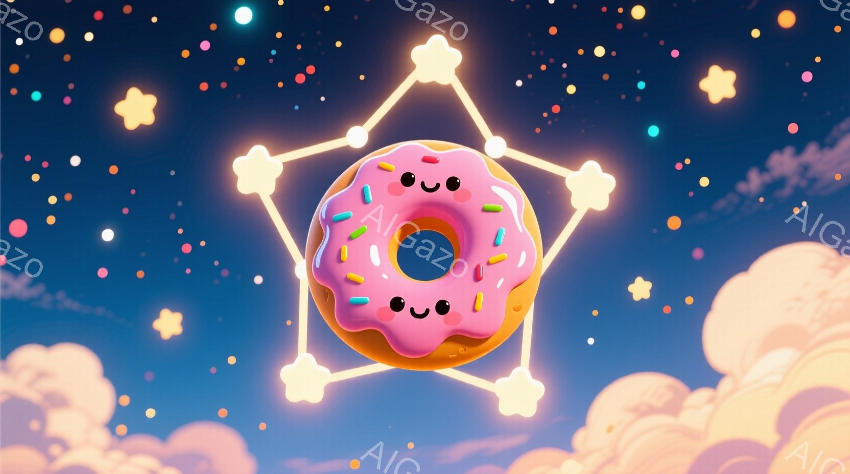動画から抜粋されたスクリーンショットで、天空に星が散りばめられ、雲が広がる夜の景色が背景となっています。中央には、星型の光を放つドナツが飛んでいます。そのドナツには、眼と口が描かれたキャラクターが乗り、楽しそうな表情を示しているでしょう。