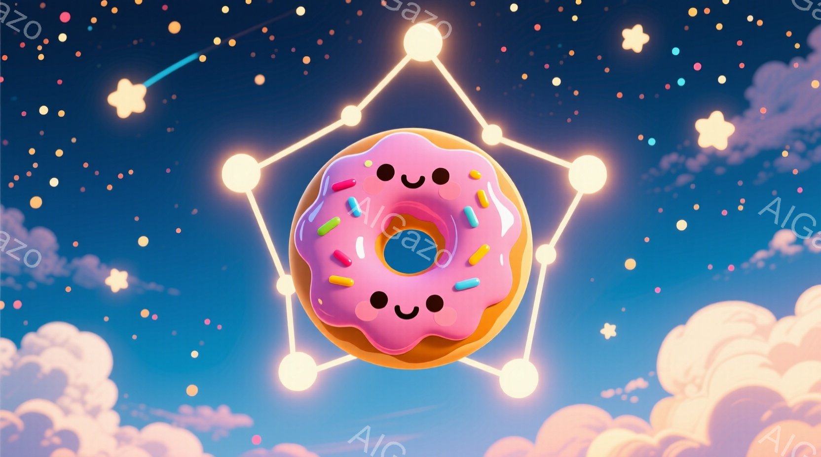 明るい青色の空に、ピンク色のアイシングとカラフルなスプリンクルが飾られたドーナツが浮かんでいます。ドーナツは可愛らしい表情をしており、光る丸い光がドーナツを囲んで星のような形を作っています。背景には、 - AI生成フリー素材