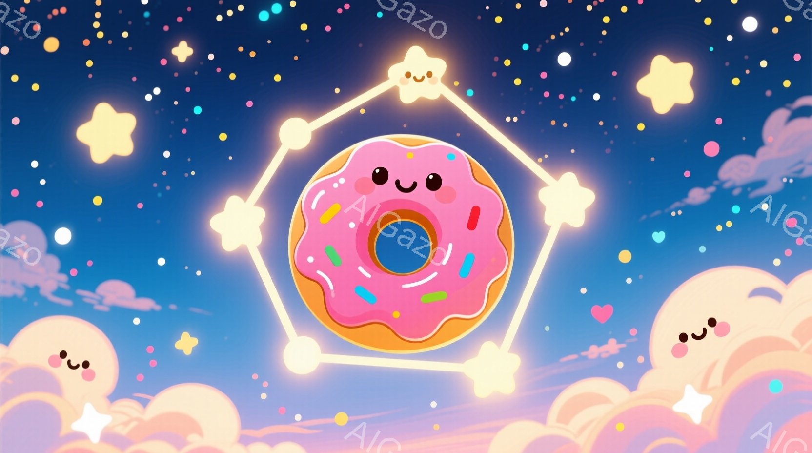 ピンク色のドーナツが、黄色い星型で囲まれて空中に浮かんでいます。背景にはパステルカラーの雲と、キラキラと輝く星が散りばめられており、全体的に甘くて夢のような雰囲気です。雲にも可愛らしい顔が描かれており - AI生成フリー素材