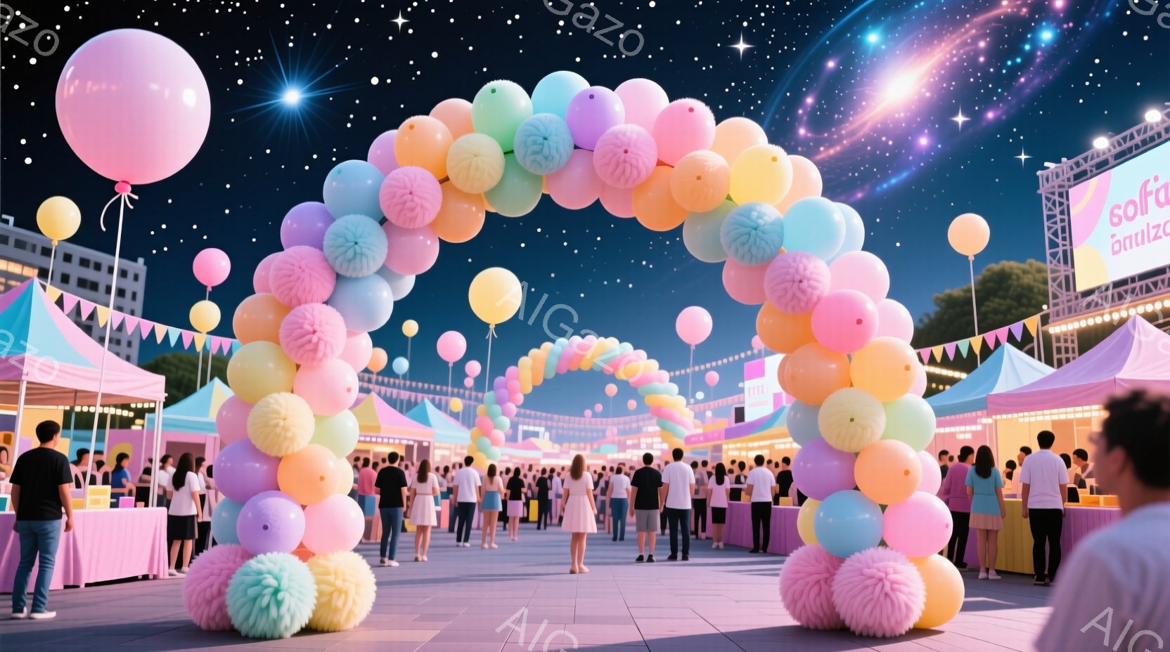 夜空の下、多くの人々がカラフルなアーチの下を歩いている賑やかな光景が広がっています。人々はカジュアルな服装で、Tシャツやショートパンツ、ジーンズを着ており、リラックスした表情で楽しんでいます。背景には - AI生成フリー素材