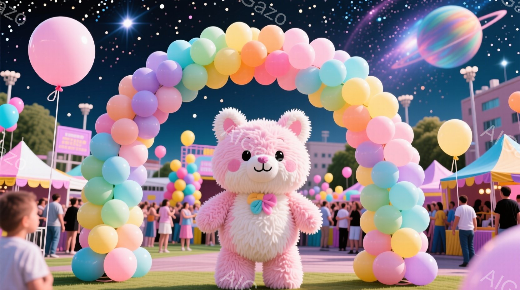 広場には色とりどりの風船アーチが立ち並び、その手前にふわふわのピンク色のクマの着ぐるみが立っている。クマはリボンを首に巻き、優しい笑顔を浮かべており、周囲には人々が楽しそうにイベントを楽しんでいる様子が見える。背景には建物や木々が広がり、夜空には星が輝き、お祭り騒ぎの華やかな雰囲気が漂っている。