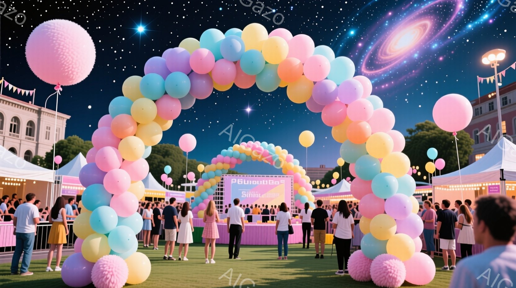 色とりどりの風船でできたアーチが、イベント会場の中央に聳え立っています。人々はカジュアルな夏の服装で、楽しそうにアーチの下を歩いたり、立ち話したりしています。背景には、白く美しい建物と緑豊かな木々が見 - AI生成フリー素材