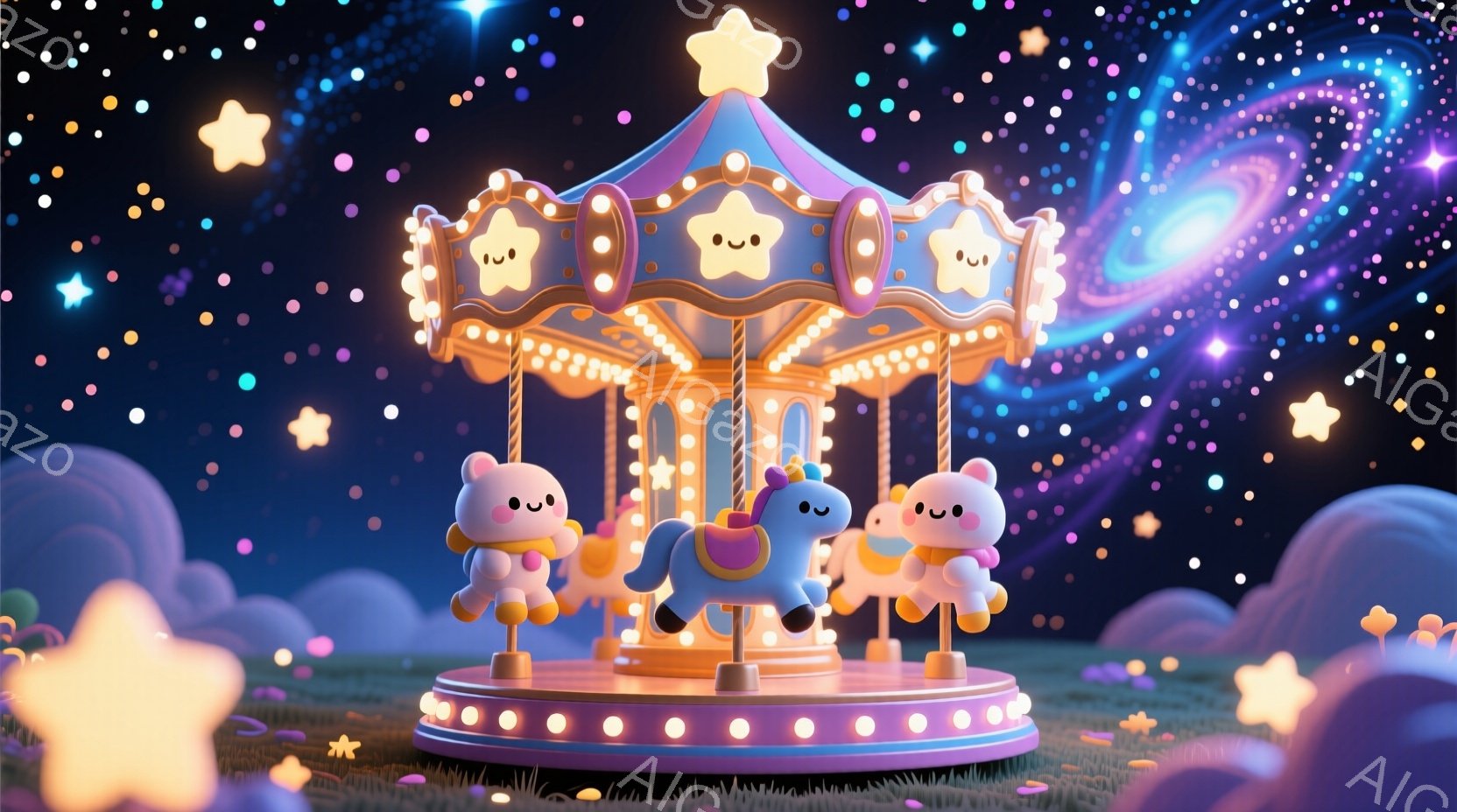鮮やかな色彩のメリーゴーランドが、雲と星が浮かぶ夜空を背景に描かれています。メリーゴーランドの馬たちは可愛らしい表情で、それぞれピンクと水色の優しい色合いをしています。背景にはふわふわとした雲とキラキ - AI生成フリー素材