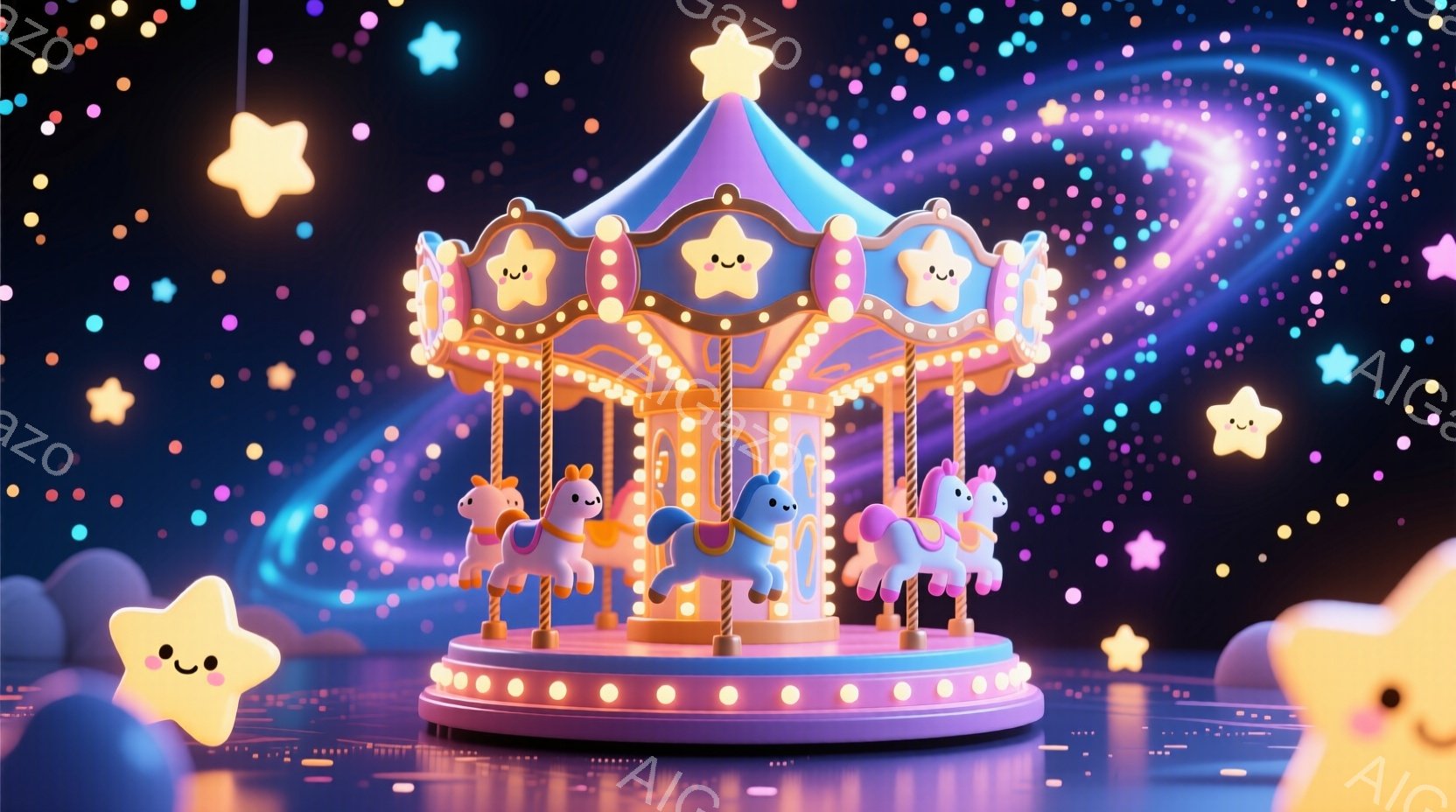 カラフルなメリーゴーランドが、星空を背景に浮かんでいます。パステルカラーの馬が並び、それぞれ可愛らしい表情をしています。全体的に夢のような、ファンタジーな雰囲気で、周囲には星や雲が散りばめられています。