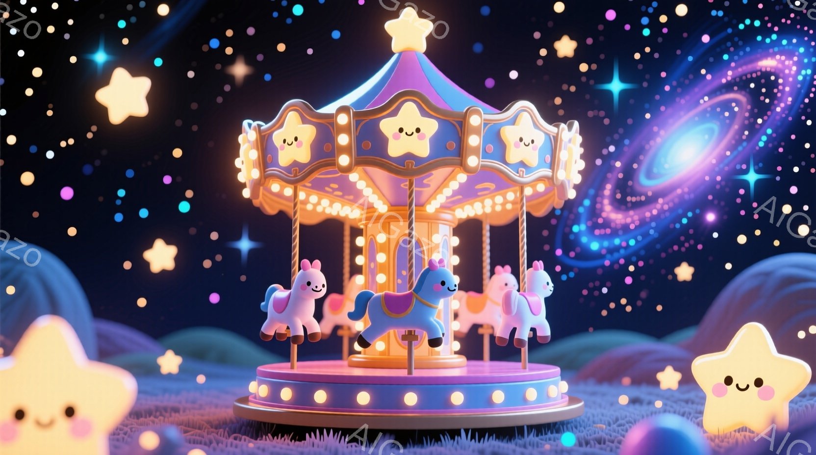 鮮やかな色彩のメリーゴーランドが、紫色の芝生の上に設置されています。各乗り物は愛らしい表情をしており、ピンクや水色の優しい色合いで統一されています。背景には星が輝き、夢のような幻想的な雰囲気を醸し出しています。