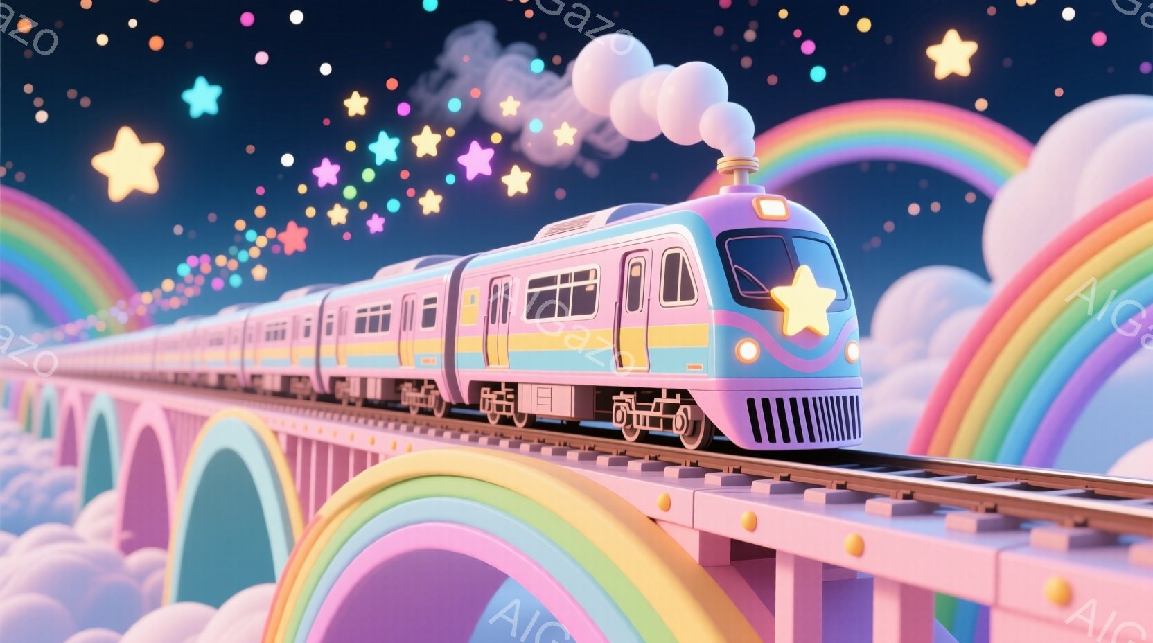 明るいパステルカラーの列車が、虹のようなカラフルな線路の上を走っています。列車はクリーム色と水色のストライプで装飾され、前面には大きな星が描かれています。背景には、ふわふわの雲と、散りばめられた星空が - AI生成フリー素材